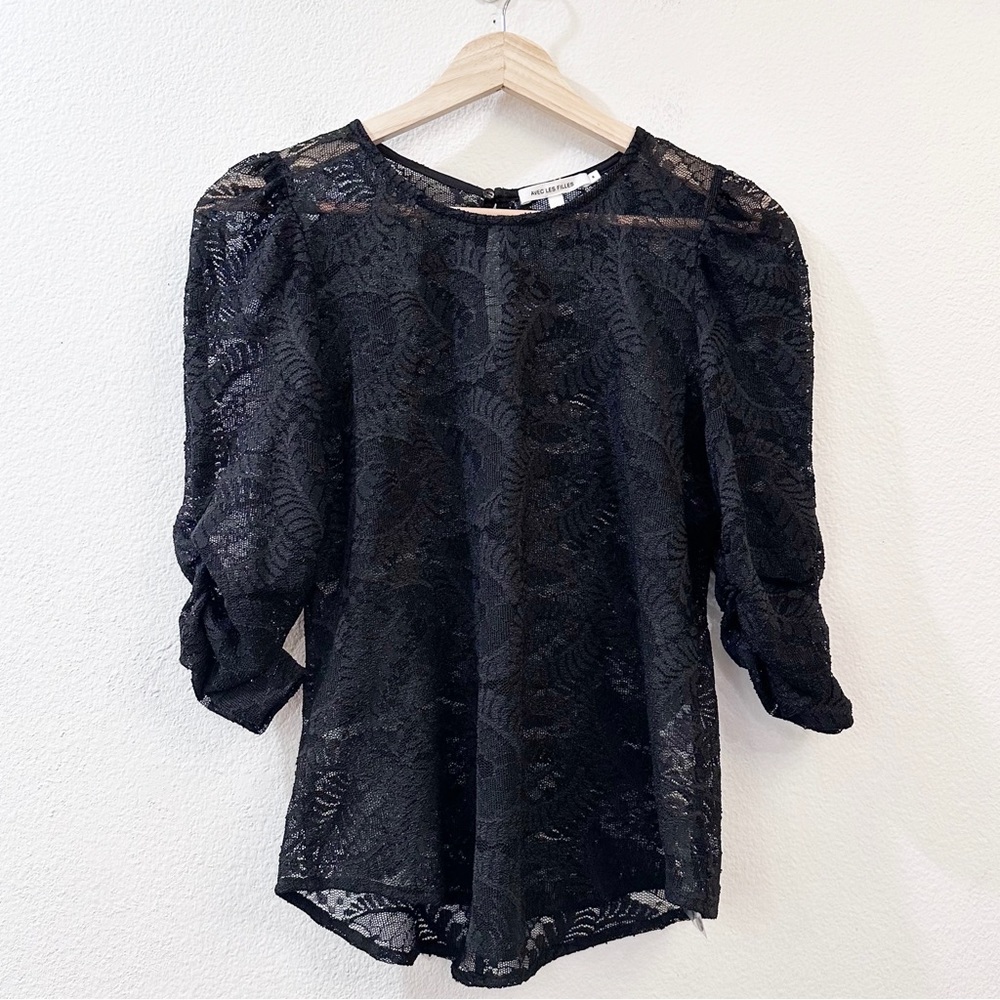 Avec Les Filles Black Lace Puff Sleeves Blouse Size Small Keyhole Back